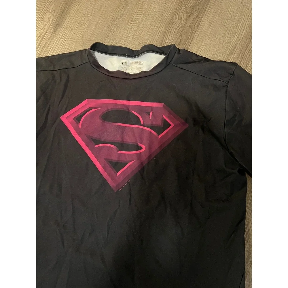 Under Armour‎ HeatGear Superman Compression Shirt Girls 2XL Black Pink Tee